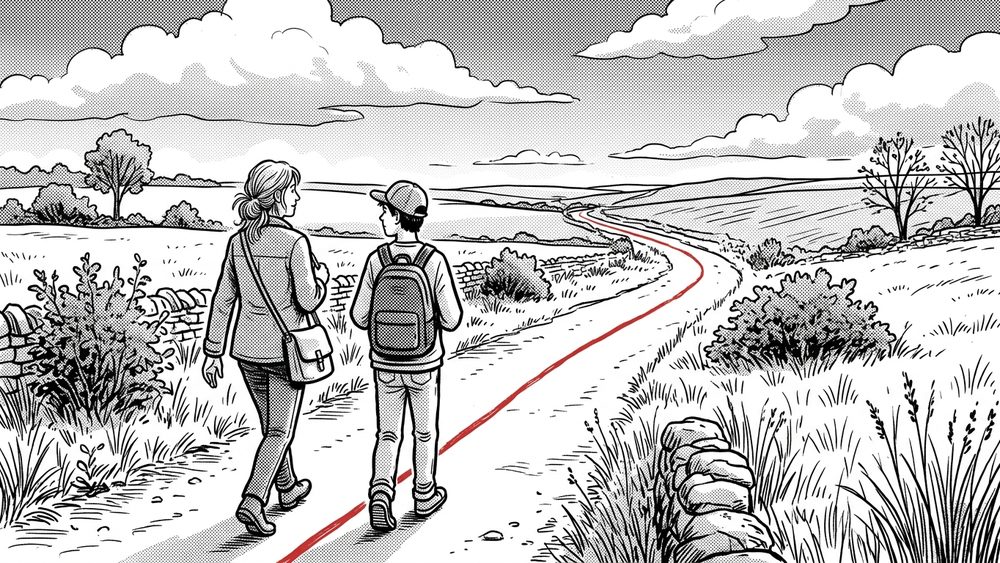 Zeichnung: eine lange Landstraße führt bis zum Horizont, zwei Menschen gehen sie gemeinsam, in der Mitte eine rote Linie