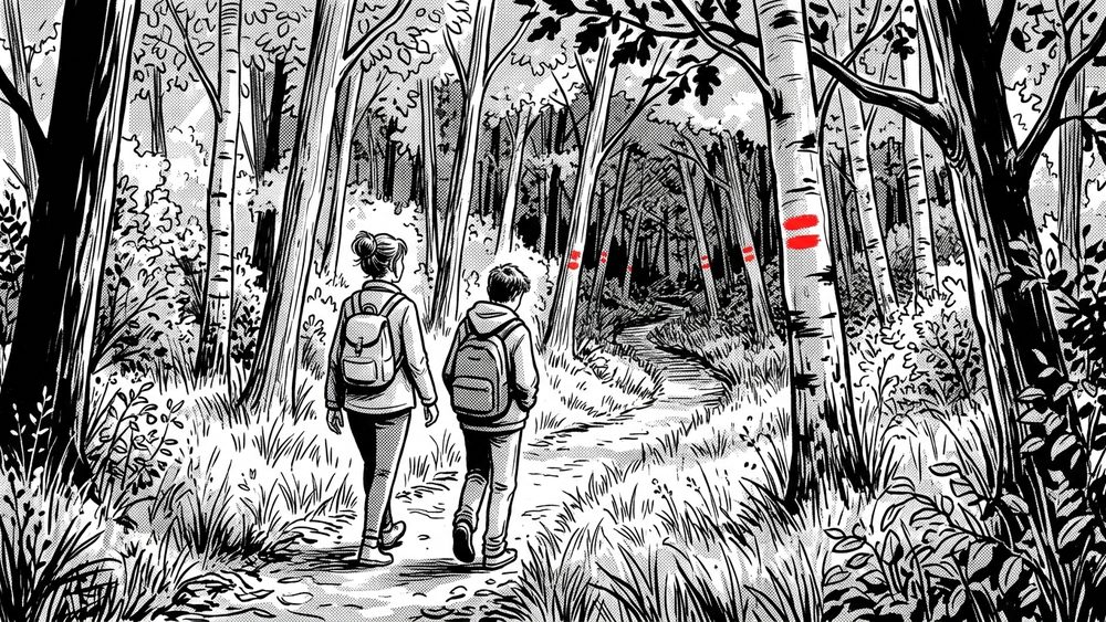 Zeichnung: eine Frau und ein Jugendlicher gehen nebeneinander einen Waldweg entlang, rote Wegzeichen an den Bäumen