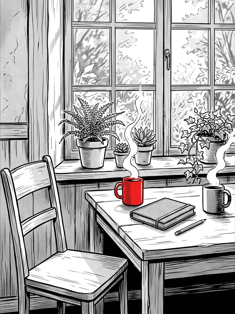 Zeichnung: ein Tisch am Fenster mit zwei dampfenden Tassen, eine davon rot, ein Stuhl ist einladend herausgezogen