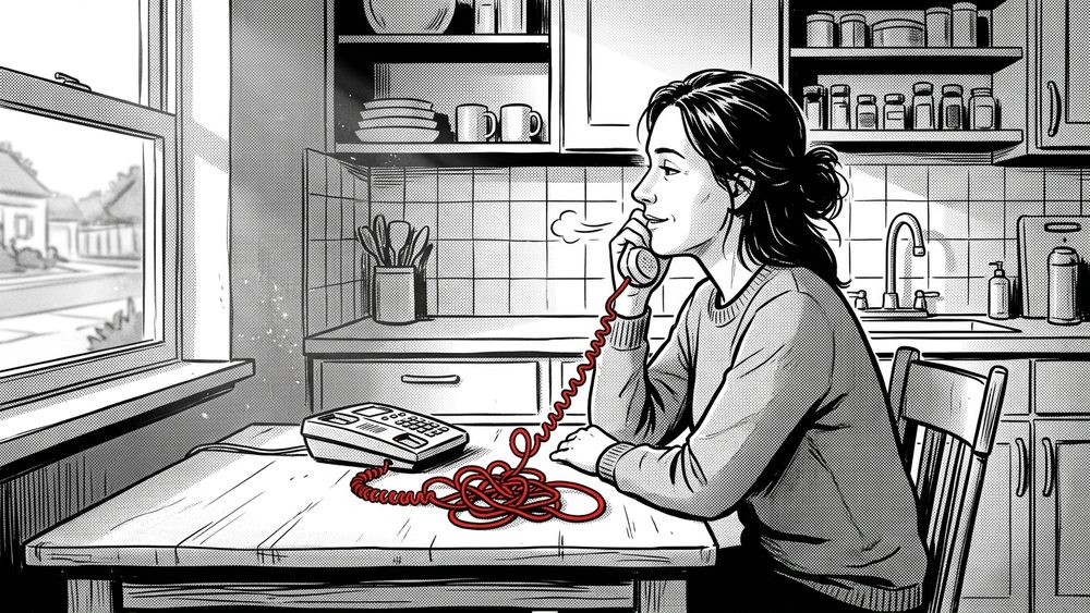 Zeichnung: eine Frau telefoniert am Küchentisch, die verknotete rote Telefonschnur löst sich gerade