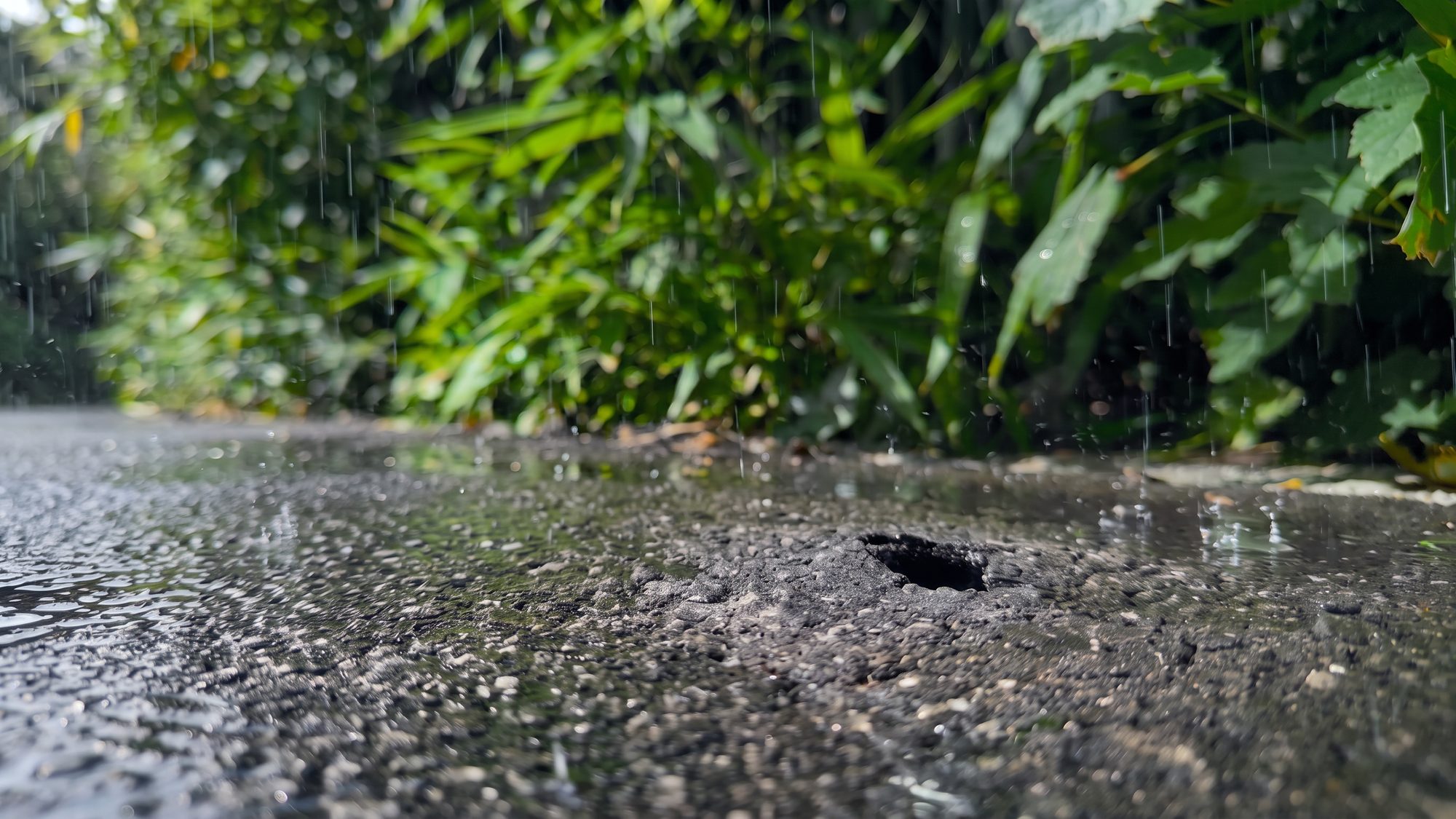 Ein junger Bambushalm bricht durch den Asphalt, dahinter grüne Blätter im Sonnenlicht