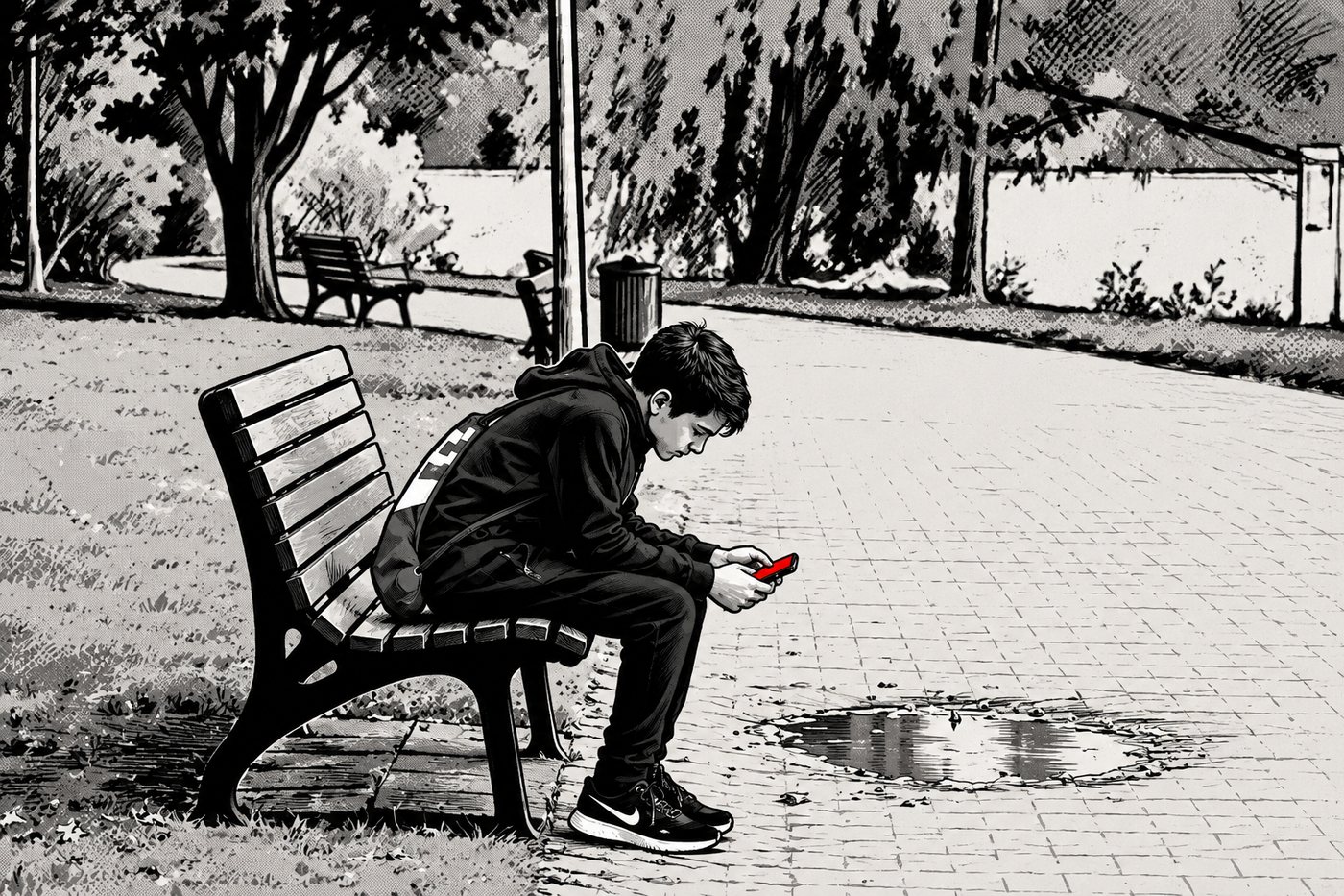 Zeichnung: ein Jugendlicher sitzt mit dem Handy auf einer Parkbank