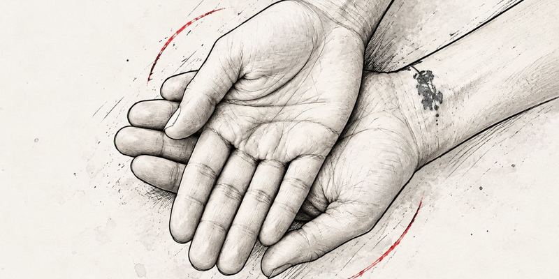 Zeichnung zweier Hände, die lose übereinanderliegen, die untere zur Schale geöffnet, daneben zwei rote Pinselbögen