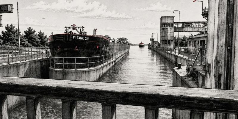 Zeichnung einer Rheinschleuse: ein Tankschiff liegt dicht an der linken Kammerwand, weit hinten wartet ein zweites Schiff, im Vordergrund das Holzgeländer der Brücke