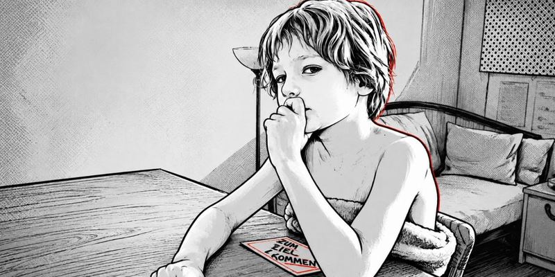 Zeichnung: ein Kind sitzt in eine Decke gehüllt am Küchentisch, stützt das Kinn auf die Faust und schaut nachdenklich, vor ihm liegt eine Karte mit der roten Aufschrift „Zum Ziel kommen“