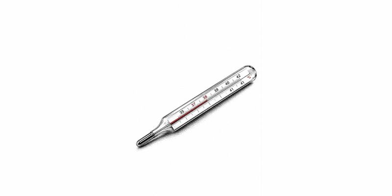 Zeichnung eines gläsernen Fieberthermometers, die rote Säule steht knapp über 38 Grad