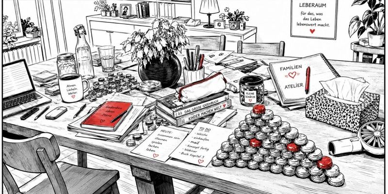 Zeichnung eines langen Familientisches voller Bücher, Zettel, Stifte und Blumen, rechts eine Pyramide aus Schraubdeckeln mit einzelnen roten Deckeln
