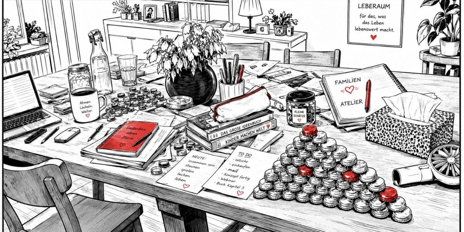 Zeichnung eines langen Familientisches voller Bücher, Zettel, Stifte und Blumen, rechts eine Pyramide aus Schraubdeckeln mit einzelnen roten Deckeln