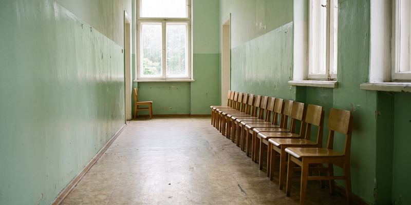 Leerer Schulflur mit hellgrünen Wänden und einer Reihe kleiner Holzstühle