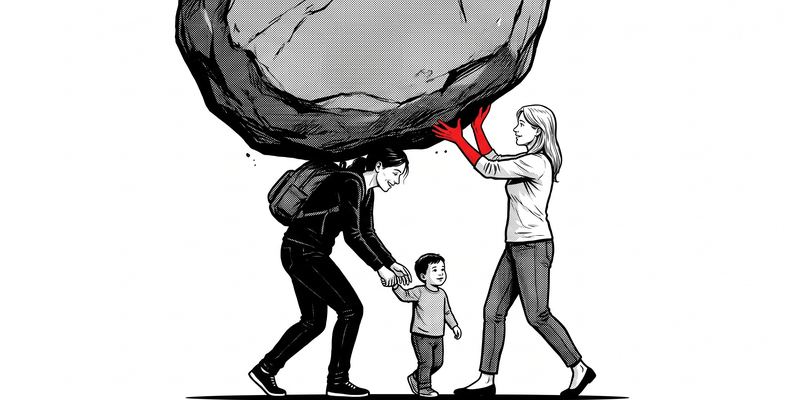 Comic-Zeichnung: Eine Mutter trägt einen riesigen Stein auf dem Rücken und hält ihr Kind an der Hand, eine zweite Frau hebt den Stein mit roten Händen mit an