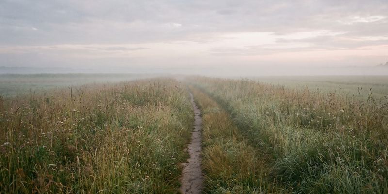 Ein schmaler Pfad führt durch hohes Wiesengras in den Morgennebel