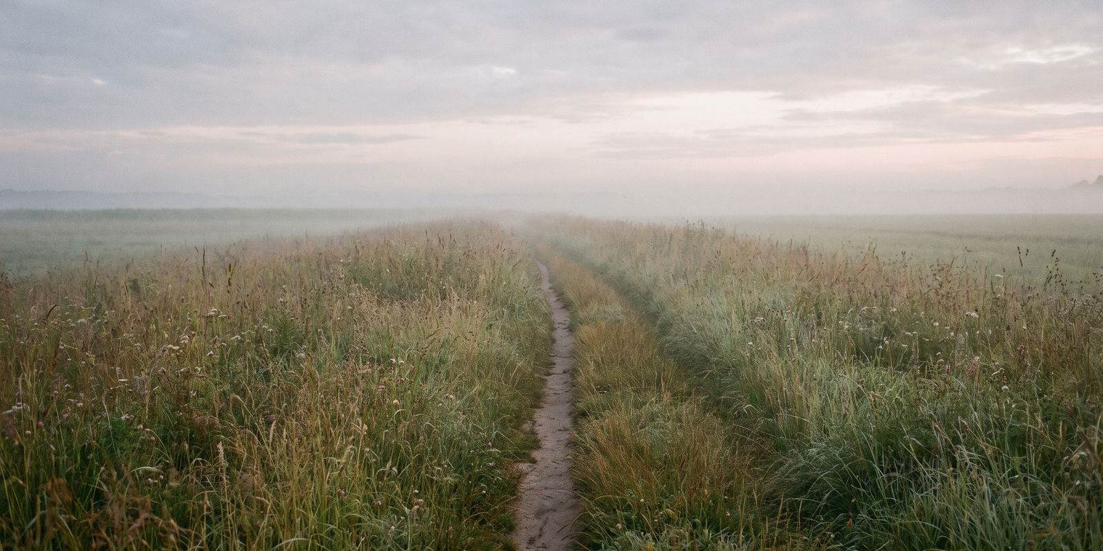 Ein schmaler Pfad führt durch hohes Wiesengras in den Morgennebel