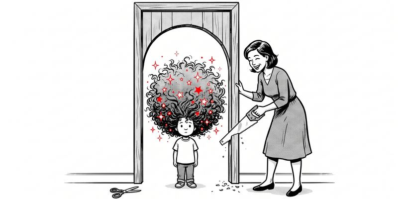 Comic-Zeichnung: Ein Kind mit riesigem Lockenkopf voller roter Funken steht vor einer Tür, eine Lehrerin sägt den Türrahmen zu einem Bogen, der zum Kind passt, die Schere bleibt am Boden liegen