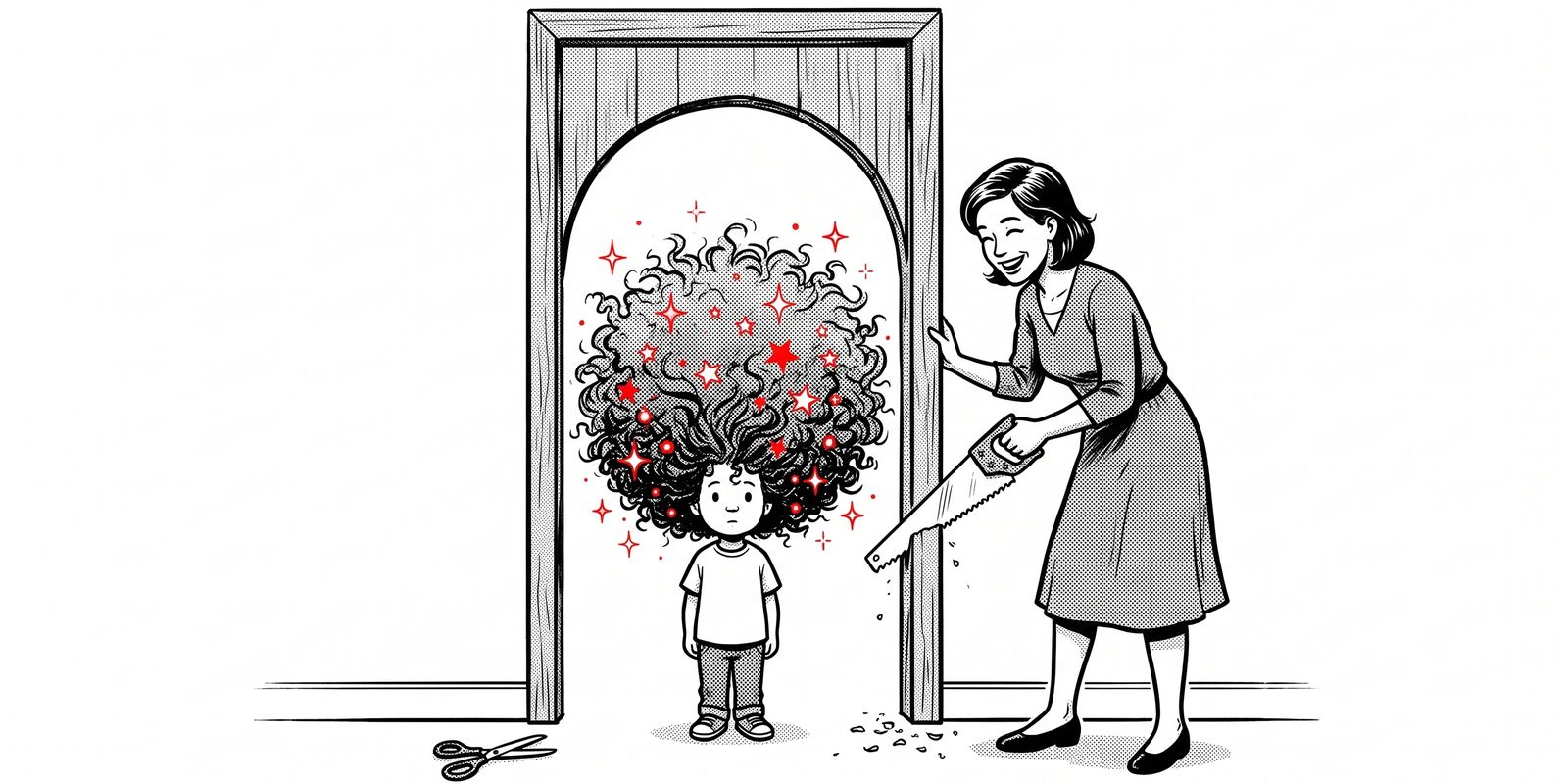 Comic-Zeichnung: Ein Kind mit riesigem Lockenkopf voller roter Funken steht vor einer Tür, eine Lehrerin sägt den Türrahmen zu einem Bogen, der zum Kind passt, die Schere bleibt am Boden liegen