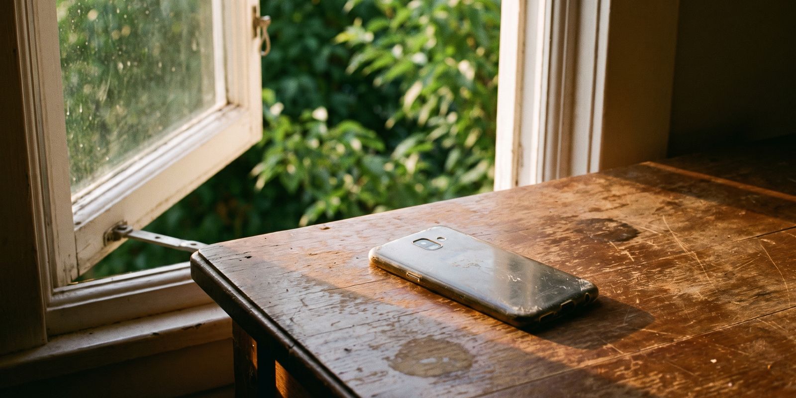 Ein Handy liegt mit dem Bildschirm nach unten auf einem Holztisch am offenen Fenster