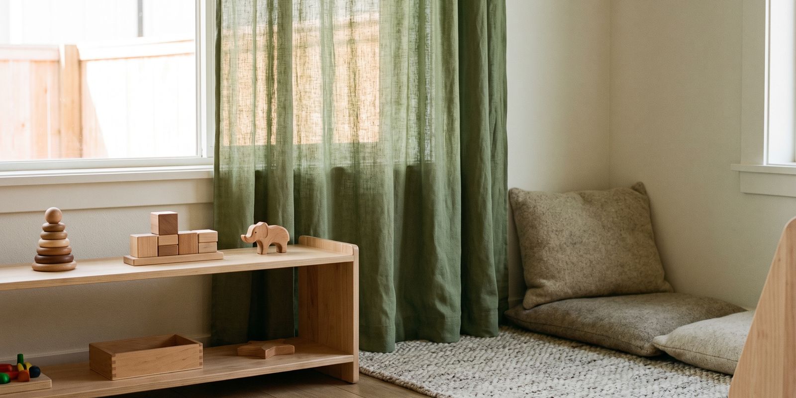 Ruhige Ecke in einem Kitaraum mit niedrigem Holzregal, wenigen Spielsachen und einer Kuschelecke