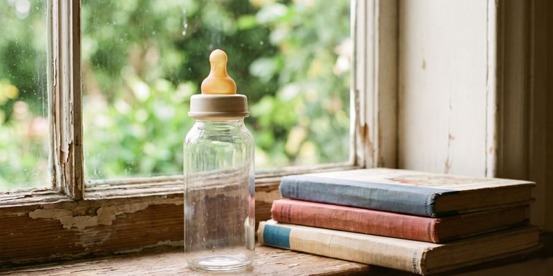 Eine Babyflasche und ein Stapel Kinderbücher auf einer Fensterbank