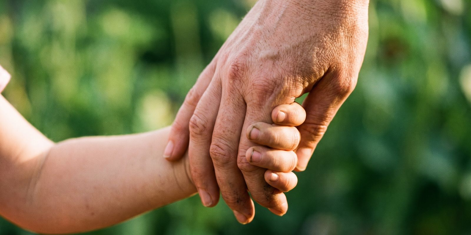 Eine Kinderhand hält eine Erwachsenenhand fest umschlossen, im Hintergrund unscharfes Grün