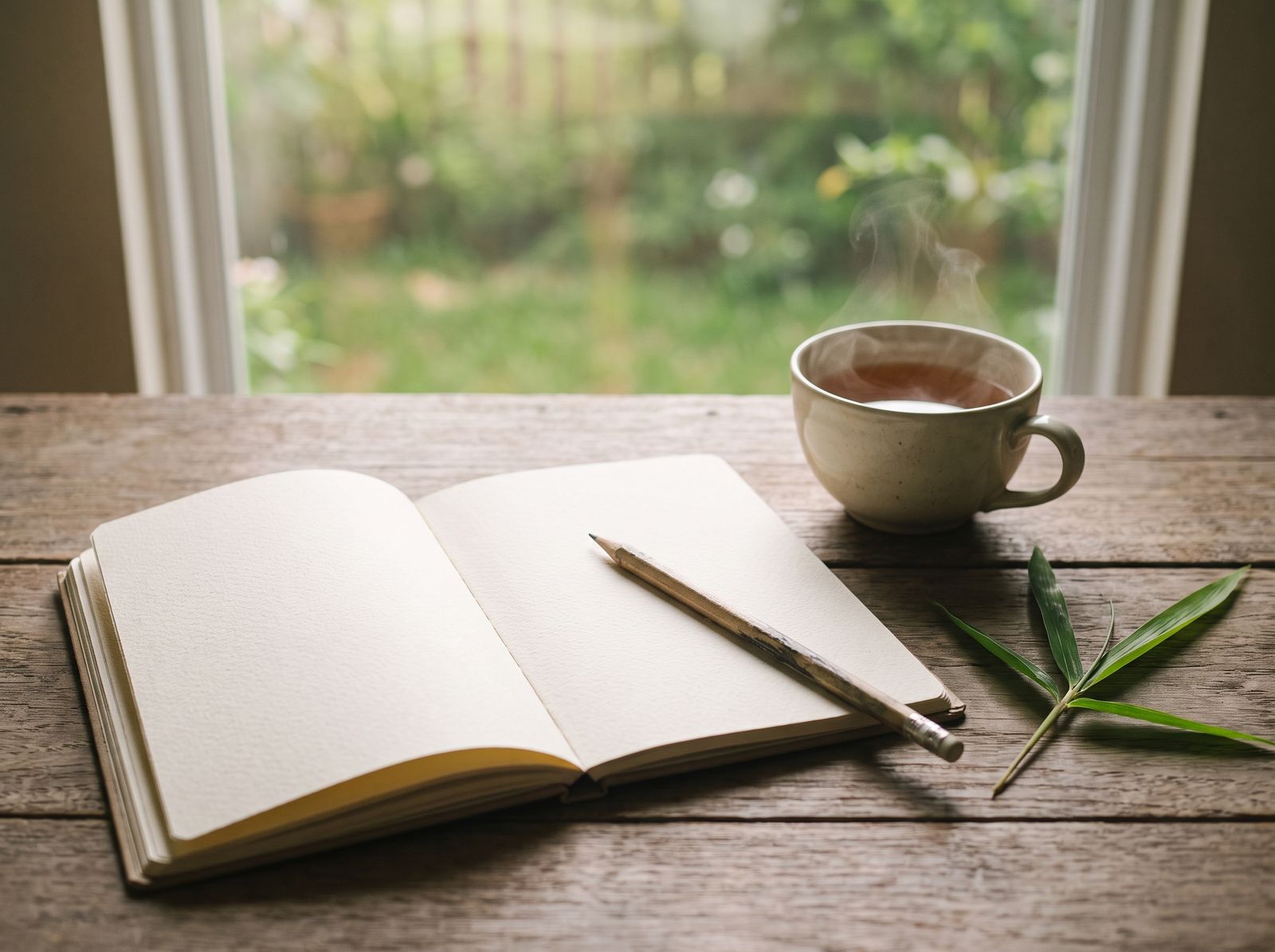 Offenes Notizbuch mit Bleistift, eine Tasse Tee und ein grünes Bambusblatt auf einem Holztisch am Fenster