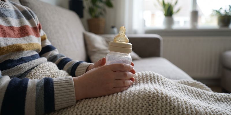 Ein Schulkind im Ringelpulli hält auf dem Sofa eine Babyflasche