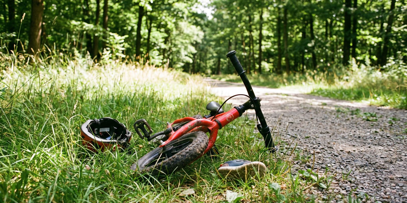 Ein rotes Kinderfahrrad und ein Helm liegen im Gras neben einem Kiesweg