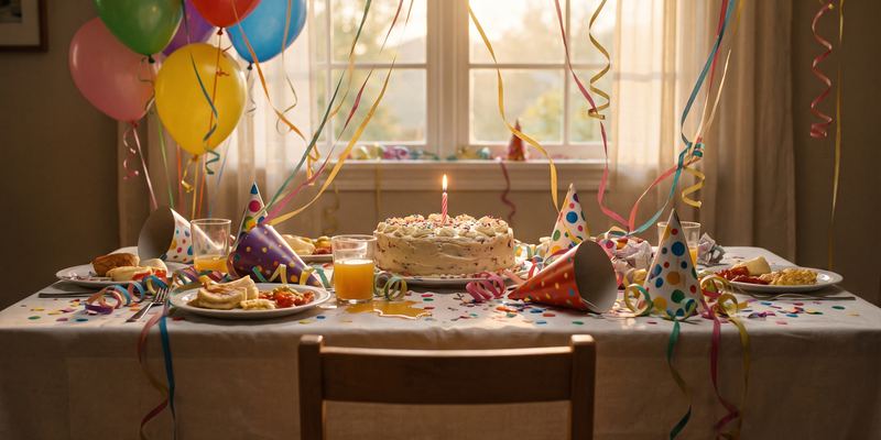 Überladen geschmückter Geburtstagstisch mit Luftballons, Torte und Papierhüten