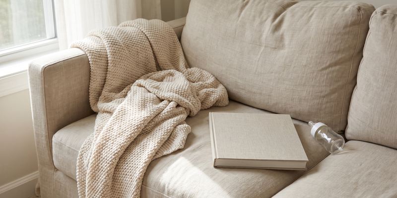 Sofaecke am Morgen mit Strickdecke, einem Buch und einer Babyflasche