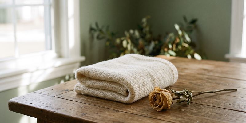 Eine gefaltete Babydecke und eine getrocknete Rose auf einem Holztisch