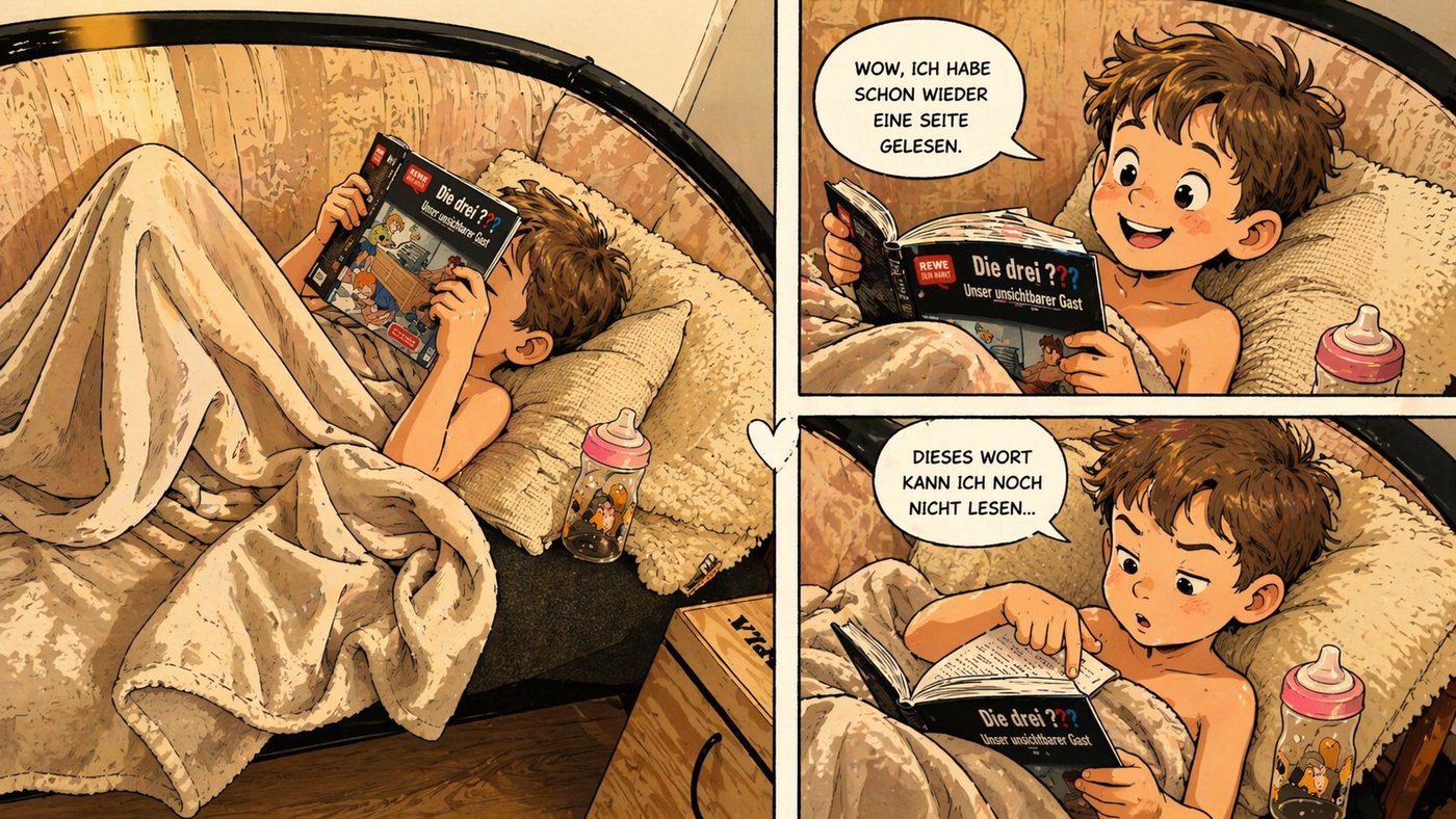 Zeichnung: ein Kind liest auf dem Sofa in einem Comic
